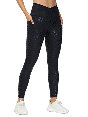 THE GYM PEOPLE Damen Workout-Leggings mit V-Ausschnitt, gekreuzte Taille, Bauchkontrolle und Taschen, Schwarz Leopard, Groß von THE GYM PEOPLE