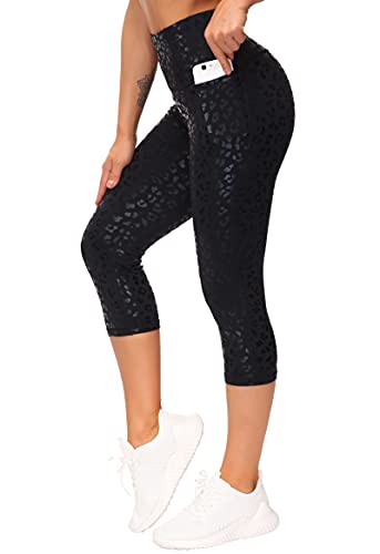 THE GYM PEOPLE Damen-Yogahose, hohe Taille, mit Tasche, Bauchkontrolle, S-capris Schwarz Leopard, Groß von THE GYM PEOPLE