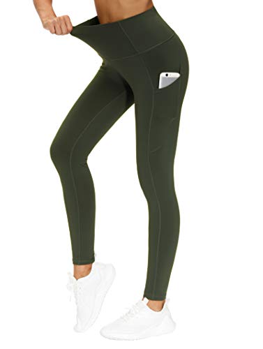 THE GYM PEOPLE Dicke Yogahose mit hoher Taille mit Taschen, Bauchkontrolle, Workout, Laufen, Yoga, Leggings für Damen, dark olive, M von THE GYM PEOPLE