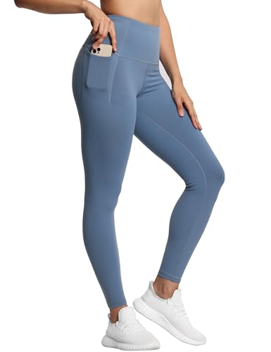 THE GYM PEOPLE Bauchkontrolle, Workout-Leggings mit Taschen, hohe Taille, athletische Yogahose für Damen, Laufen, Fitness, Grau, Blau, Groß von THE GYM PEOPLE