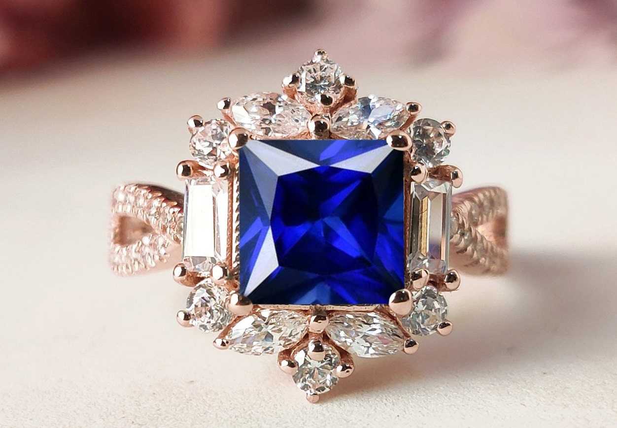 Princess Cut Blau Saphir Verlobungsring Art Deco Ehering Unikat Braut Versprechen Ring Antik Frauen Jahrestag von THEGOLDSMITHIN