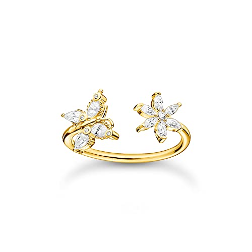 THOMAS SABO offener Ring in Gold, Schmetterling und Blüte mit Zirkonia Steinen, 750 vergoldung, 925 Sterlingsilber, Ringgröße 56, TR2355-414-14-56 von THOMAS SABO