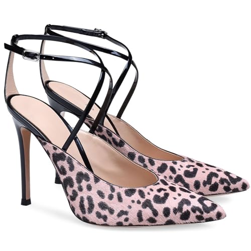 THOYBMO Damen High Heels Stilettos Sandalen Gespitzte Spitze Pumps Geschlossene Zehe Kreuzen Knöchelschnalle Shoes Abschlussball Hochzeit Schuhe 10-10.5CM,pink leopard print,44 von THOYBMO