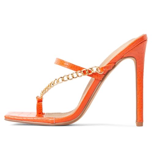 THOYBMO Damen Sandalen High Heeled Maultiere Stiletto Quadratischer Kopf Gespaltene Zehen Slip-on Slingback Kette Schuh für Sommer Hochzeit Party Shoes 12CM,Orange,41 von THOYBMO