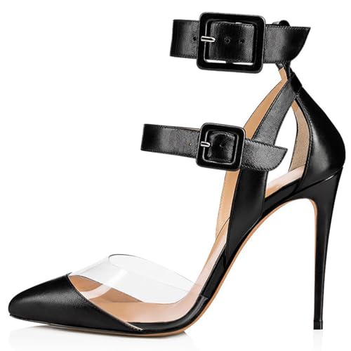 THOYBMO Damen Sandalen Stiletto High Heels Gespitzte Spitze Flacher Mund Transparent Spleißen Shoes Schnalle für Sommer Hochzeit Party Bankett Schuhe 11-13CM,Black,41 von THOYBMO