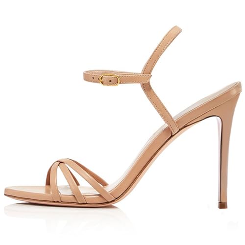 THOYBMO Damen Sandalen Stiletto High Heels Schuhe Runder Kopf Offener Zeh Flacher Mund Fesselriemen Kreuzgurt Schnalle Shoes für Sommer Hochzeit Bankett11-13CM,Nude color,43 von THOYBMO