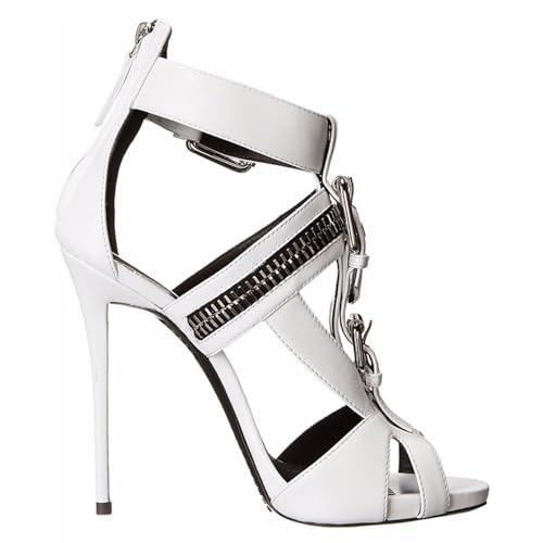 THOYBMO Damen Sandalen Stiletto High Heels Schuhe Women's Offene Spitze Reißverschluss Hinten Metall Schnalle Weiß Schwarz Shoes für Sommer Bankett12-13CM,White,37 von THOYBMO