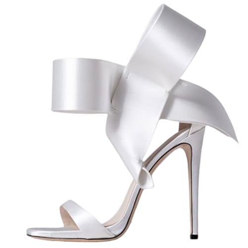 THOYBMO Damen Sandalen Stiletto High Heels Schuhe Women's Offener Zeh Fesselriemen Schnalle Ein-Wort-Gürtel Große Fliege Shoes für Sommer Hochzeit Bankett12-13CM,White,35 von THOYBMO