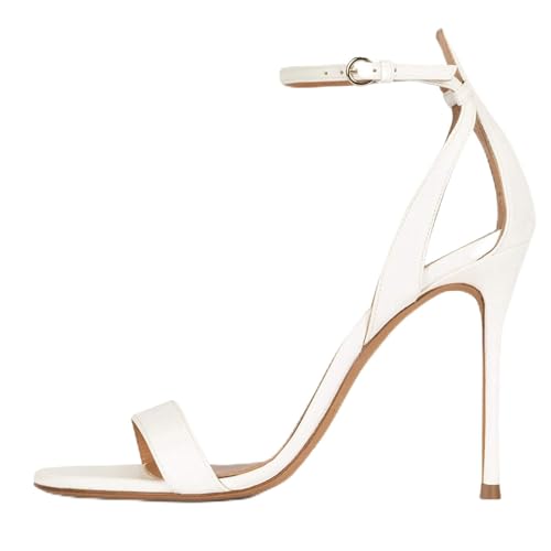 THOYBMO Damen Sandalen Stiletto High Heels Schuhe Women's Offener Zeh Fesselriemen Schnalle Ein-Wort-Gürtel Shoes für Sommer Hochzeit Bankett10-11CM,White,46 von THOYBMO