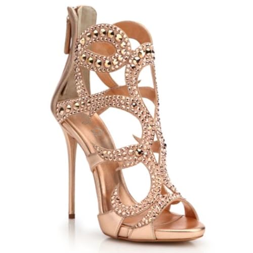 THOYBMO Damen Sandalen Stiletto High Heels Schuhe Women's Runder Zeh Offener Zeh Reißverschluss Hinten Strasssteine Shoes für Sommer Hochzeit Bankett12-13CM,Rose Gold,38 von THOYBMO