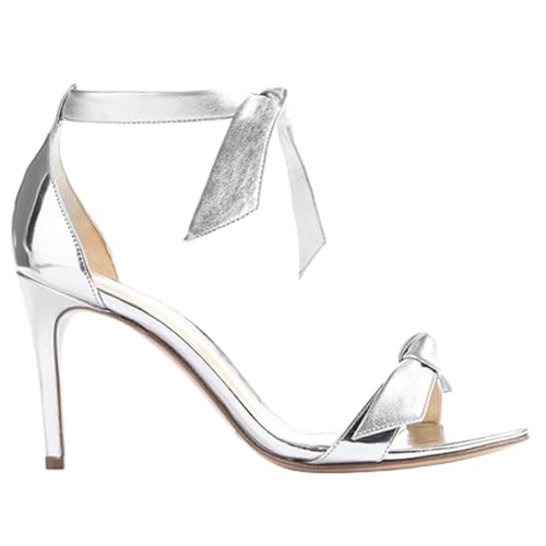 THOYBMO Damen Sandalen Stiletto High Heels Schuhe offene SpitzeFesselriemen Schnürung Ein-Wort-Gürtel Bow-knot Lackleder Shoes für Sommer Komfort 8.5-9.5CM,Silver,36 von THOYBMO