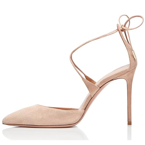 THOYBMO Damen Sandalen Stiletto High Heels Women's Gespitzte Spitze Flacher Mund Kreuzgurt Schnüren Shoes für Sommer Hochzeit Party Bankett Schuhe 11-13CM,apricot,40 von THOYBMO