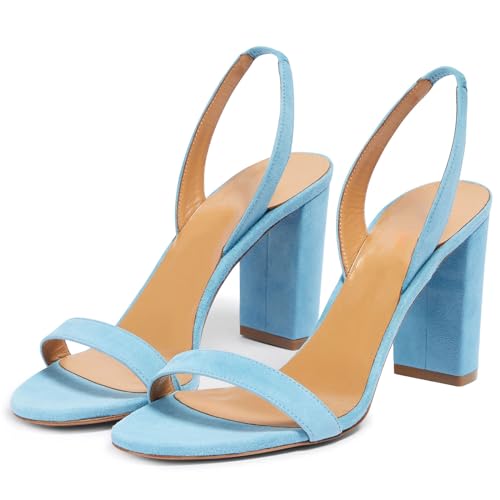 THOYBMO Damen Sandalen Women's Chunky High Heels Runde Spitze Offene Spitze Flacher Mund Slingback Slip-On Schuhe für Sommer Hochzeit Party Bankett 9-10CM Shoes,Blue,40 von THOYBMO