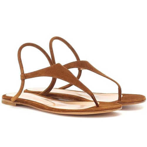 THOYBMO Damen Sandalen Women's Flat Schuhe Runder Spitze Offener Zeh Fesselriemen Slip On Gespaltene Zehenpartie Flip-Flops Shoes für Sommer Bequem Elastisch,Brown,35 von THOYBMO