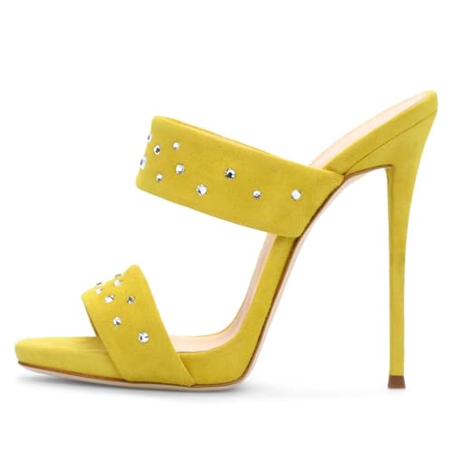 THOYBMO Damen Stiletto High Heels Mules Sandalen Runde Zehenpartie Offene Zehenpartie Pumps Slip-on Slingpumps Shoes Komfort Party Schuhe 12-13CM Hausschuhe,Yellow,34 von THOYBMO