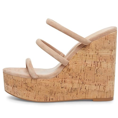 THOYBMO Damen Wedges High Heels Mules Sandalen Women's Runde Spitze Offene Spitze Plateau Slingpumps Shoes Hausschuhe Party Abschlussball Schuhe 15-17CM,Nude,34 von THOYBMO