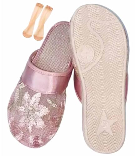 THUCHENYUC Chinese Mesh Slippers For Women, Women's Floral Beaded Breathable Mesh Chinese Slippers For Women With Socks (Color : Pink, Size : 37 EU) von THUCHENYUC