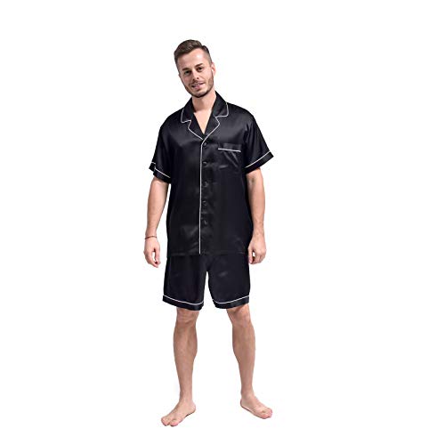 THXSILK Herren Schlafanzug Kurz aus Seide 19 Momme Seidennachtwäsche Zweiteiliges Pyjama Set Knopf runter (Schwarz, L) von THXSILK