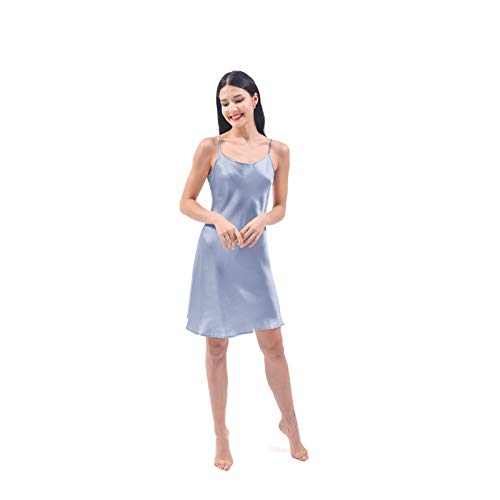 THXSILK Seide Nachtkleid für Damen Mini Nachthemd Kurz Nachtwäsche 19 Momme Seide Nighty Knielänge (Nebeliges Blau, XL) von THXSILK