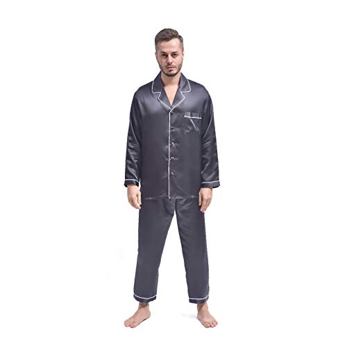 THXSILK Seide Pyjama Sets Herren 19 Momme Maulbeerseide Schlafanzug Lang Zweiteiliges Nachtwäsche Langarm (Rauchgrau, XXL) von THXSILK