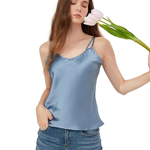 THXSILK Tanktop aus reiner Maulbeerseide für Frauen, Tanktop aus reiner Maulbeerseide, lässiger V-Ausschnitt, Blau, XX-Large von THXSILK