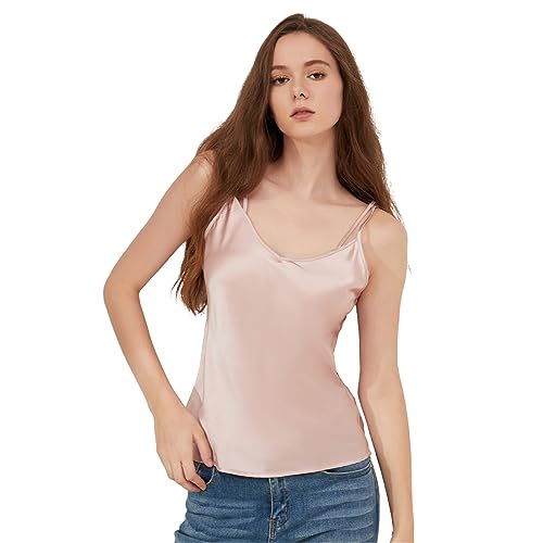 THXSILK Weste aus reiner Maulbeerseide, lässiger V-Ausschnitt, Maulbeerseide Tank-Top, lässiger V-Ausschnitt, ärmelloses Tanktop Basic Camisole, Charmantes Pink, X-Groß von THXSILK