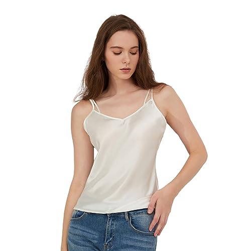 THXSILK Weste aus reiner Maulbeerseide, lässiger V-Ausschnitt, Maulbeerseide Tank-Top, lässiger V-Ausschnitt, ärmelloses Tanktop Basic Camisole, Perlweiß (Pearl White), XX-Large von THXSILK