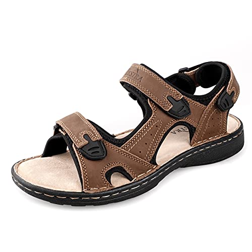 TIESTRA Sandalen Herren Leder Outdoor Sport Wandersandalen mit Fußbett, Sommer Trekkingsandalen Strand Ledersandalen Männer Klettverschluss Braun UK11/45EU von TIESTRA