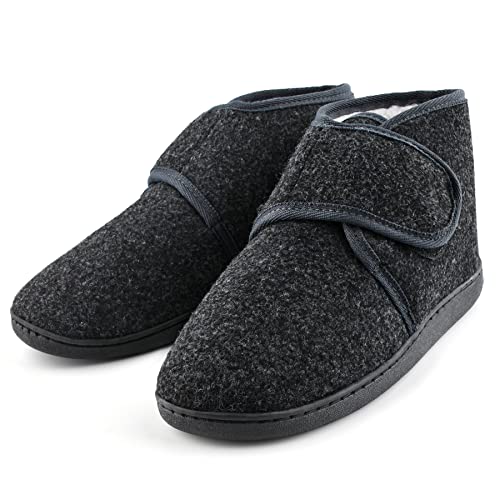 TIESTRA Warm Hausschuhe Herren Winter Kunststoffe Lammfell Diabetiker Hausschuhe Breiter Fuß Filzpantoffeln Mit Memory Foam Sohle, Filz Herrenhausschuhe Mit Klettverschluss Flach,Größe 46 von TIESTRA