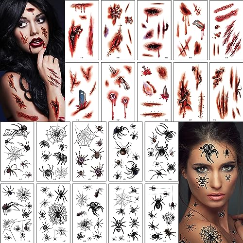 Halloween Temporäre Tattoos,20 Blätter temporärer Tattoo Aufkleber,Realistisch Wirkende Spinne und Narben Wunden Tattoo, Blutige Zombie Vampir Tattoo für Cosplay Party Dekoration Kinder Erwachsener von TIMEMEET