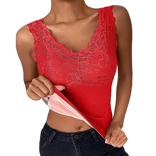 Damen Innenfleece Tank Tops Ärmellos Thermounterwäsche Baumwolle Thermo Shirts Thermo Unterhemd Fleece Gefütterte Unterwäsche Oberteil Warm Ärmellos Unterhemd Thermo Tank Top Thermounterhemd (Red, A) von TIMIYUYU