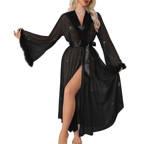 Damen Mesh Bademantel mit Federn Sexy durchsichtige Robe Glänzende Pyjamas Langer Tüll Schlafanzug Spitze Nachthemd mit V-Ausschnitt Erotischer Bademantel mit feinem Glitzer für Liebhaber, Paare Damen Mesh Bademantel mit Federn Sexy durchsichtige Robe Glänzende Pyjamas Langer Tüll Schlafanzug Spitze Nachthemd mit V-Ausschnitt Erotischer Bademantel mit feinem Glitzer für Liebhaber, Paare von TINAYAUE