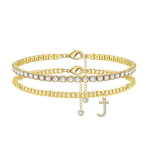 Fussketten für Frauen Initial Fußkettchen für Damen, 14K Vergoldet Cubic Zirkonia Tennis Fußkette Zierliche J Buchstaben Fussketten Gold Fussketten für Frauen Mädchen Strand Fuß Schmuck Geschenke von TINGN