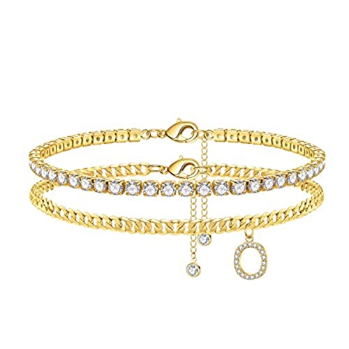 Fussketten für Frauen Initial Fußkettchen für Damen, 14K Vergoldet Cubic Zirkonia Tennis Fußkette Zierliche O Buchstaben Fussketten Gold Fussketten für Frauen Mädchen Strand Fuß Schmuck Geschenke von TINGN