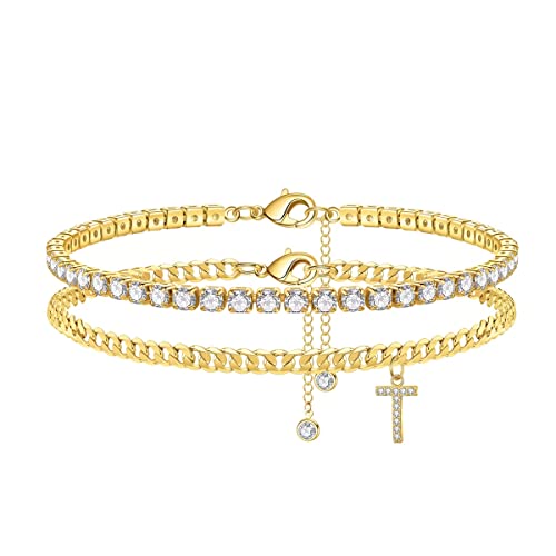 Fussketten für Frauen Initial Fußkettchen für Damen, 14K Vergoldet Cubic Zirkonia Tennis Fußkette Zierliche T Buchstaben Fussketten Gold Fussketten für Frauen Mädchen Strand Fuß Schmuck Geschenke von TINGN