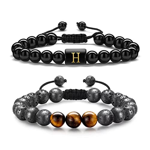 TINGN 2 Stück 8mm Perlen Armband für Herren Damen, Tigerauge Lavagestein Herren Armband Stressabbau Perlen Einstellbare Initial Obsdian Armband für Männer Perlen Buchstaben Armbänder für Jungen (H) von TINGN