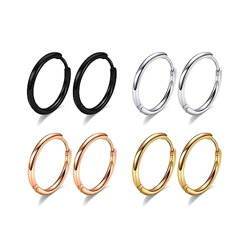 TINGN 4 Paar Ohrringe Herren Damen Creolen Set, 316L Chirurgenstahll Männer Creolen Ohrringe Klein Set 8mm Helix Piercings Creolen Schwarz Silber Gold Rosegold Knorpel Hoop Ohrringe 20G von TINGN