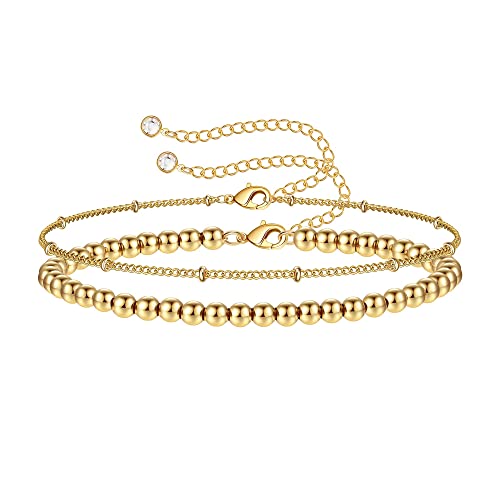 TINGN Boho Gold Perlen Armband für Damen Frauen, 14 Karat Gold Gefülltes Mehrreihige Armband Verstellbar Winziges Gold Perlen Handgemacht Armband für Frauen Mädchen Schmuck (Perlen & Perlenkette) von TINGN