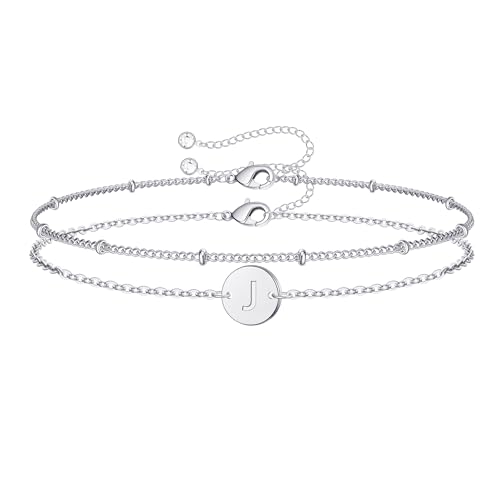 TINGN Buchstaben Armband Damen Silber, 14 Karat Vergoldet Doppelschichtiges Armband mit Buchstaben J Initiale Armkette für Damen Schmuck Silber Armband Personalisiert für Mädchen Teenager Damen Frauen von TINGN