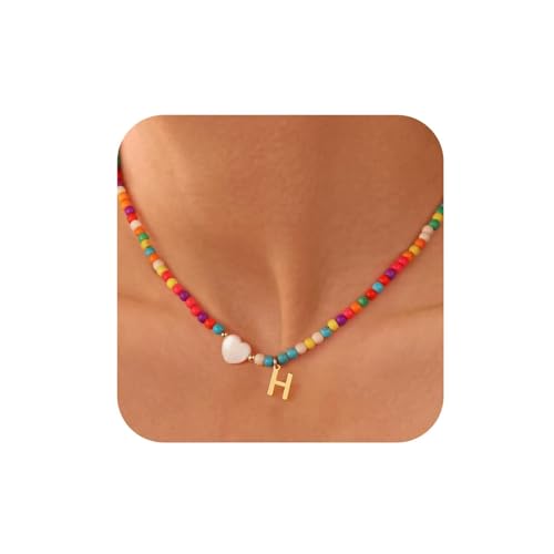 TINGN Bunte Perlenkette, Perlenkette Bunt, Perlenkette Damen, Geschenk für Frauen,Frauen Geschenke Zum Geburtstag, Halskette Damen, Personalisierte Kette Damen,Kette Mit H Buchstaben von TINGN