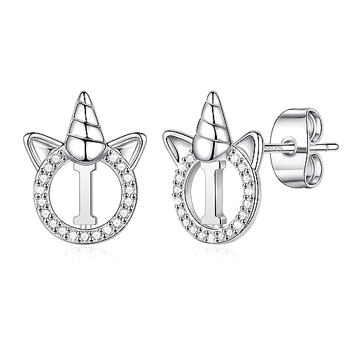 TINGN Einhorn Geschenke für Mädchen Frauen, Ohrringe Silber 925 CZ Einhorn Medizinische Ohrstecker mit Buchstaben I Personalisierte Geschenke Einhorn Schmuck Einhorn Geschenke für Mädchen Damen von TINGN