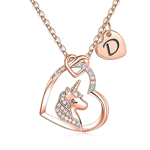 TINGN Einhorn Kette für Mädchen Geschenke, Roségold Einhorn Anhänger Halskette Kette mit Buchstaben Einhorn Kette Initiale D Einhorn Halskette Mädchen Schmuck Einhorn Geschenke für Frauen Mädchen von TINGN