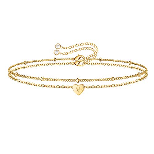 TINGN Gold Armband Damen, Zierliche Buchstaben Armbänder Gold Armband Buchstaben V Armband Mehrlagige Herz Armbänder Gold Herz Armband Damen Geschenke für Frauen Teenager Mädchen Damen Schmuck von TINGN