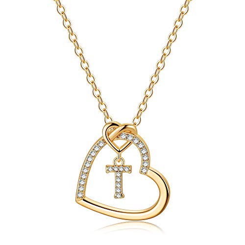 TINGN Goldkette mit Buchstaben Kette Damen Mädchen, Goldkette Damen Buchstaben T Halskette Damen Gold Kette Herz Kette mit Buchstaben Kette Gold Damen Schmuck Geschenke für Frauen Mädchen Geschenke von TINGN