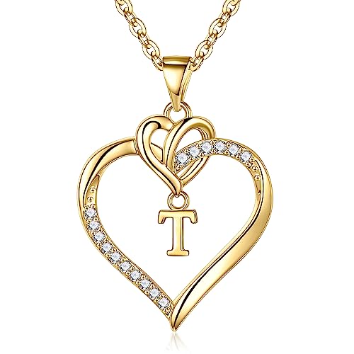 TINGN Halskette Damen Herz Anhänger, Gold Herz Kette mit Buchstaben Schmuck Damen Intiale T Kette Gold Damen Geschenk für Frauen MaMa Freundin Geburtstags Weihnachten Valentinstag Geschenke Ketten von TINGN