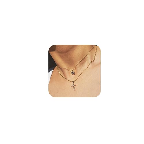 TINGN Halskette Damen Kreuz Kette Gold, 14K Gold Vergoldet Layered Damen Kette Kreuz Halskette Kristall Anhänger Kette Kreuz Kette Damen Personalisierte Geschenke für Frauen Freundin Goldschmuck Damen von TINGN