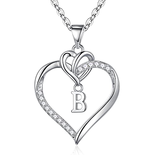 TINGN Halskette Damen Silber Kette mit Buchstaben, CZ Herz Buchstaben Kette B Damen Intiale Anhänger Kette für Mädchen Frauen Silber Kette mit Buchstaben Teenager Mädchen Geschenke Schmuck Damen Kette von TINGN