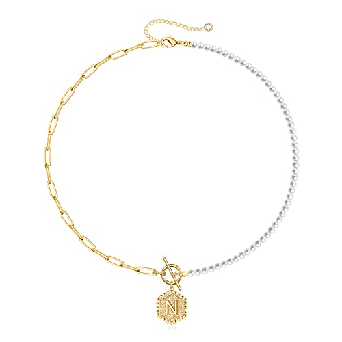 TINGN Halskette mit Halber Perle und Halber Kette, 14K Vergoldet Büroklammer Gliederkette Halskette Choker Kette Halskette Perle Kette mit Buchstaben Initialen N Anhänger Kette Damen Schmuck Geschenke von TINGN