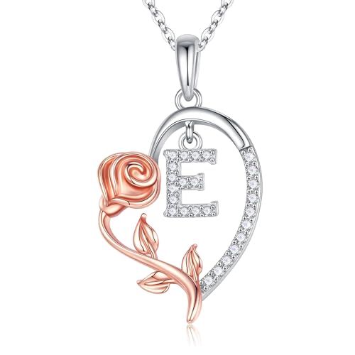 TINGN Rose Kette Damen Halskette mit Buchstaben, Silber Herzkette für Frauen Silber Intiale E Kette mit Buchstaben Halskette Damen Silber Schmuck Damen Geschenke für Mutter Frauen Freundin Mädchen von TINGN