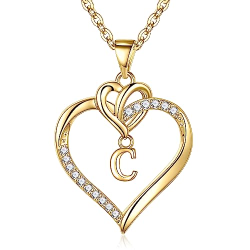 TINGN Kette Damen Herz Halskette Damen, 14K Vergoldet Gold Buchstaben Kette C für Frauen Intiale Halskette Damen Gold Herz Halskette Schmuck Damen Geschenke für Frauen Teenager Mädchen Mama Geschenk von TINGN